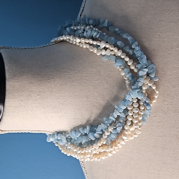 Unbranded Jewelry - Vintage Aquamarine Blue Stones And Creamy White Pearl Multi Strand Necklace